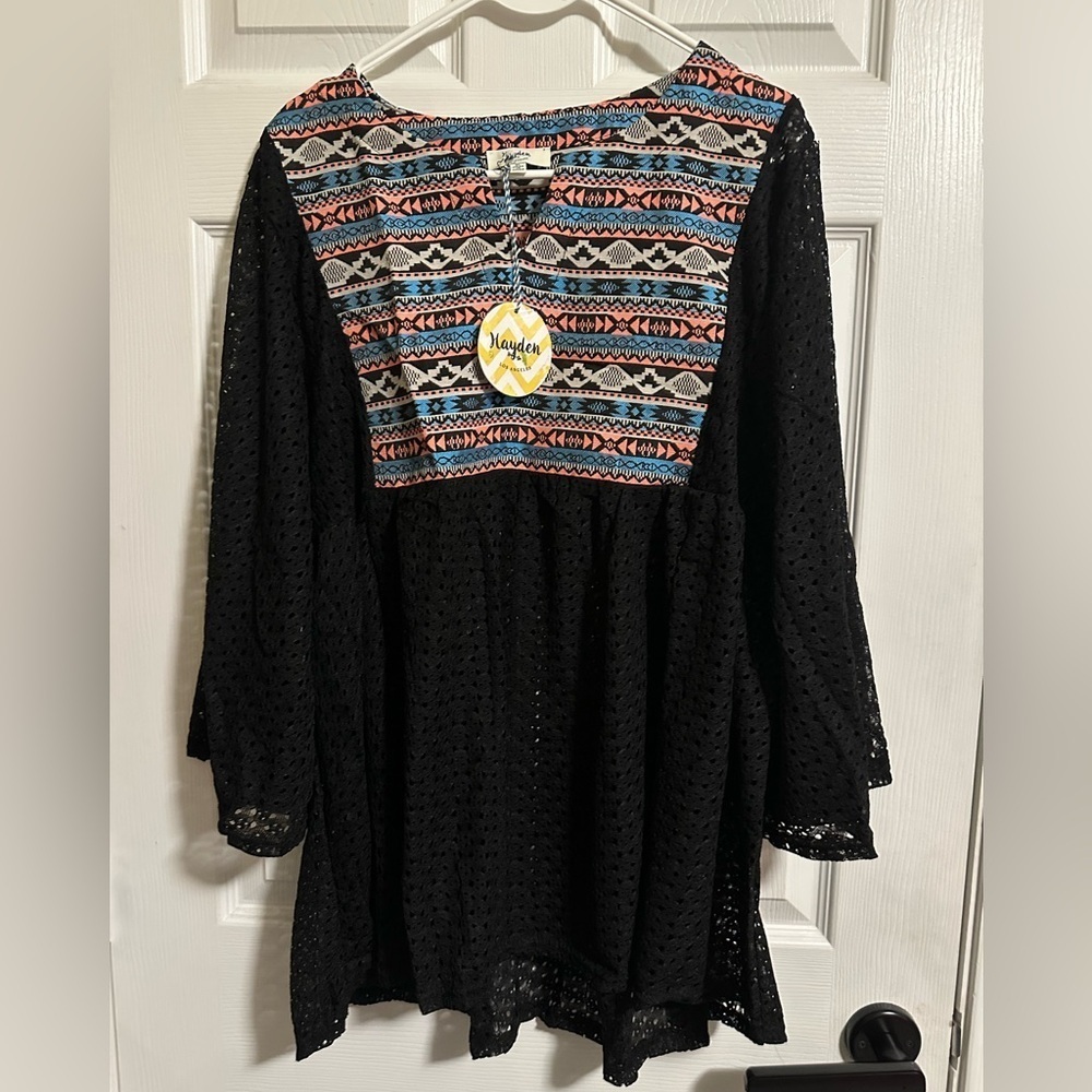 Hayden Los Angeles Cover Up Womens Black Geometric Swim Ocean Beach Top NWT XL